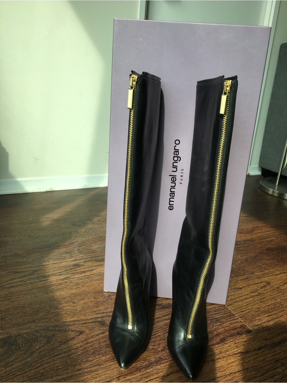 Emanuel Ungaro Black Over-the-Knee Pointed Boots with Gold Front Zipper